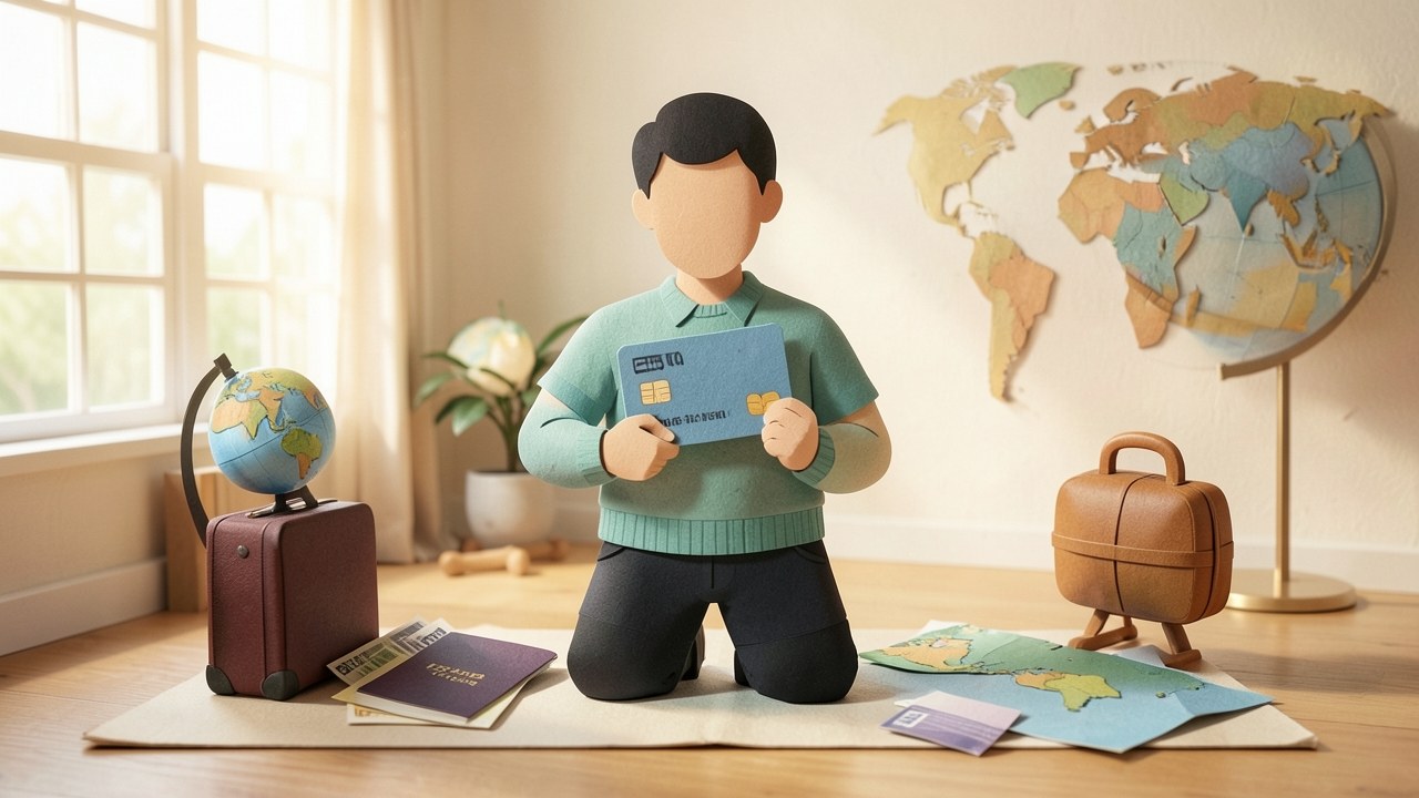 A credit card next to a boarding pass, a passport, and a small globe, on a marble surface, suggesting travel.