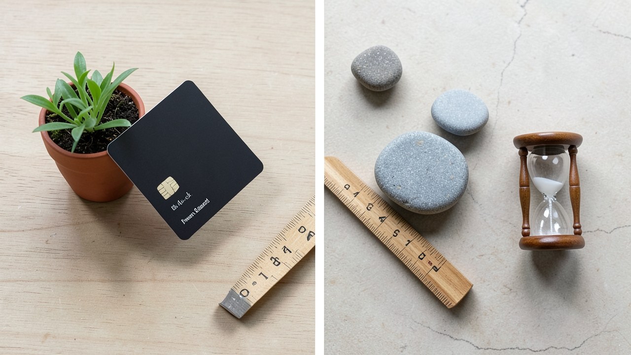 A small green plant growing out of a pile of coins, with a credit card in the background, representing building credit.