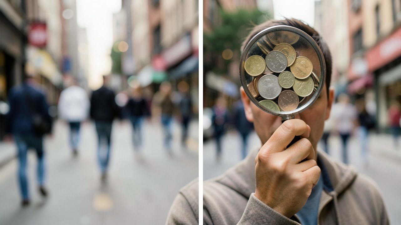 A magnifying glass over a credit card statement, with a calculator nearby, suggesting scrutiny of fees.